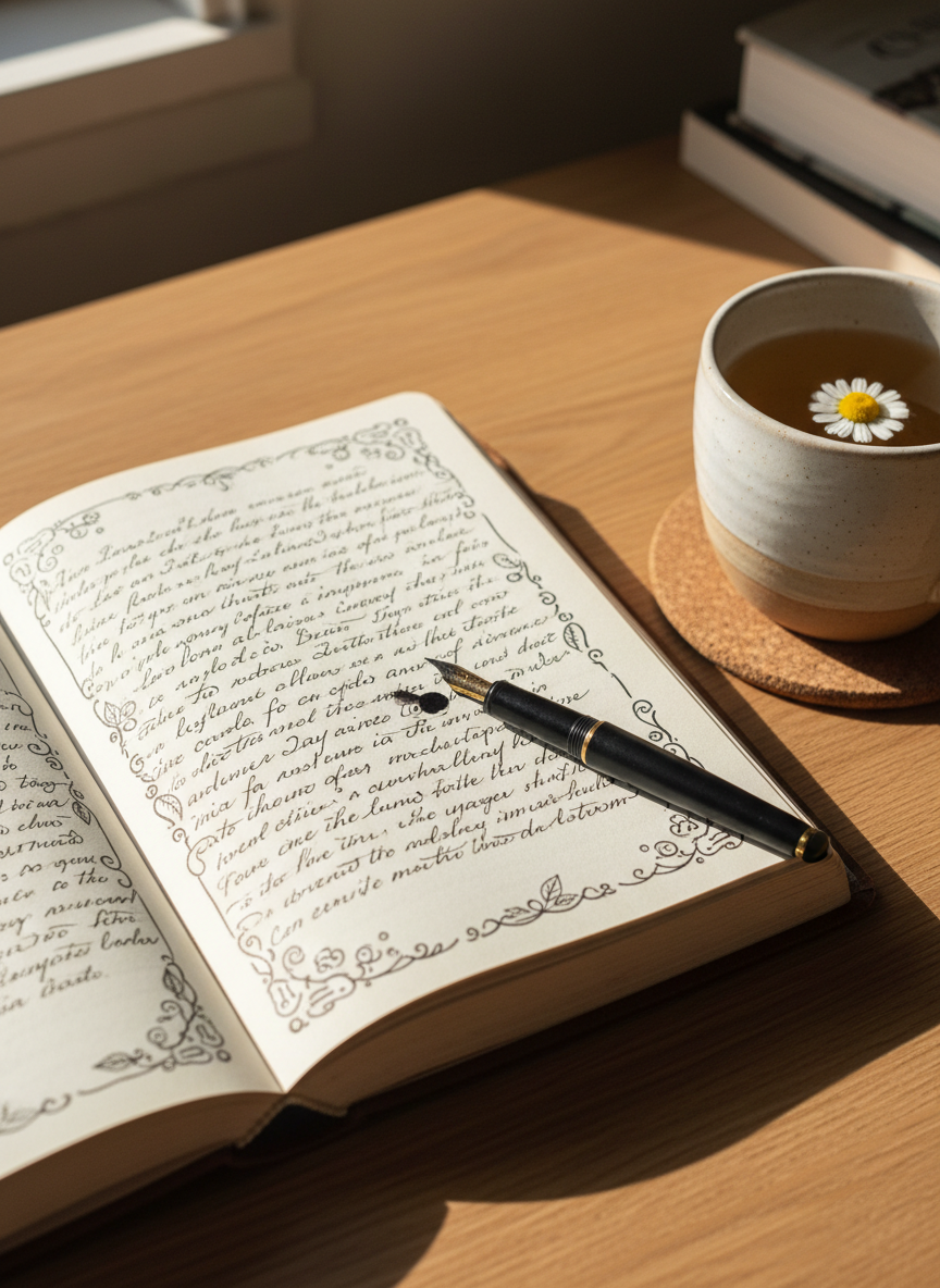 A well-worn hardcover journal lies open on a natural oak desk, its cream pages filled with dense, looping handwriting and small margin doodles of plants and abstract shapes. Beside it, a matte-black fountain pen rests diagonally, a tiny ink smudge on the page hinting at imperfection and process. A ceramic mug of herbal tea, pale amber with a floating chamomile bloom, sits on a cork coaster. Soft morning light from an unseen window to the left washes across the scene, creating gentle shadows and a calm, introspective mood. Photographic realism, shot from a slightly elevated angle with shallow depth of field so the foreground text is crisp while the background blurs into a quiet, sophisticated softness.
