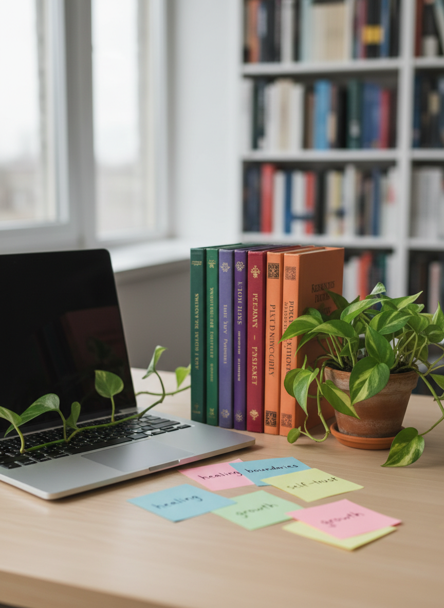A minimalist, thoughtfully cluttered desk vignette: a slim silver laptop half-closed beside a stack of dog-eared psychology books, their spines in muted jewel tones. Colorful sticky notes with handwritten words like “healing,” “boundaries,” and “self-trust” fan out across the surface. A small, thriving pothos plant trails from a clay pot, its vines curling toward the keyboard. Diffused overcast light from a nearby window creates a soft, even illumination with subtle reflections on the laptop’s metal casing. The mood is contemplative, quietly productive, and intellectually curious. Photographic realism, eye-level composition with the focus on the central cluster of notes, background shelves of blurred books suggesting ongoing research and growth, clean and sophisticated aesthetic.