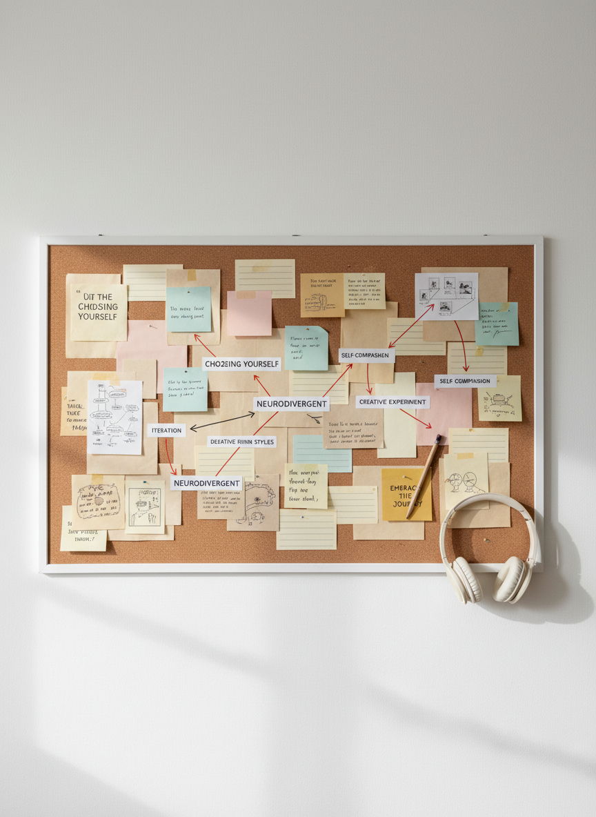 An overhead photographic shot of a large, pinned corkboard on a white wall, covered with an intricate collage of index cards, printed quotes, color-coded sticky notes, and hand-drawn diagrams. Arrows connect phrases like “choosing yourself,” “neurodivergent,” and “creative experiments,” forming a branching map of ideas. A pair of wireless headphones rests at the edge of the board, and a slim graphite pencil lies across a highlighted card. Soft midday natural light from a side window creates delicate shadows under each paper edge, emphasizing layers and texture. The mood is exploratory and analytical yet artistic, with a warm, sophisticated palette of tans, creams, and muted pastels. Photographic realism with sharp focus throughout, inviting the viewer into a mind at work.